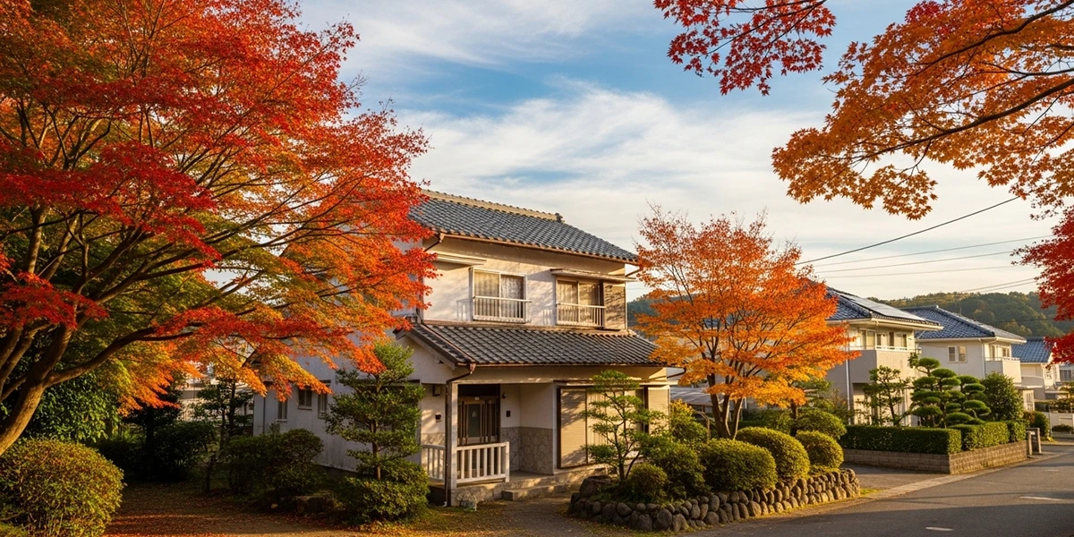 秋の紅葉と家