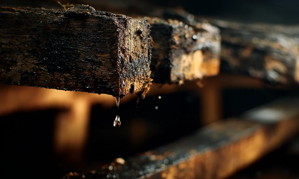 雨漏りによって腐食した屋根の木材構造