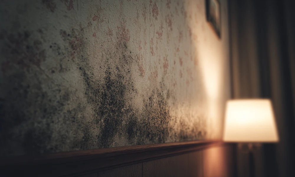 湿気によって壁に繁殖した黒カビ